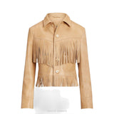 Women's Beige Leather Fringe Western Jacket