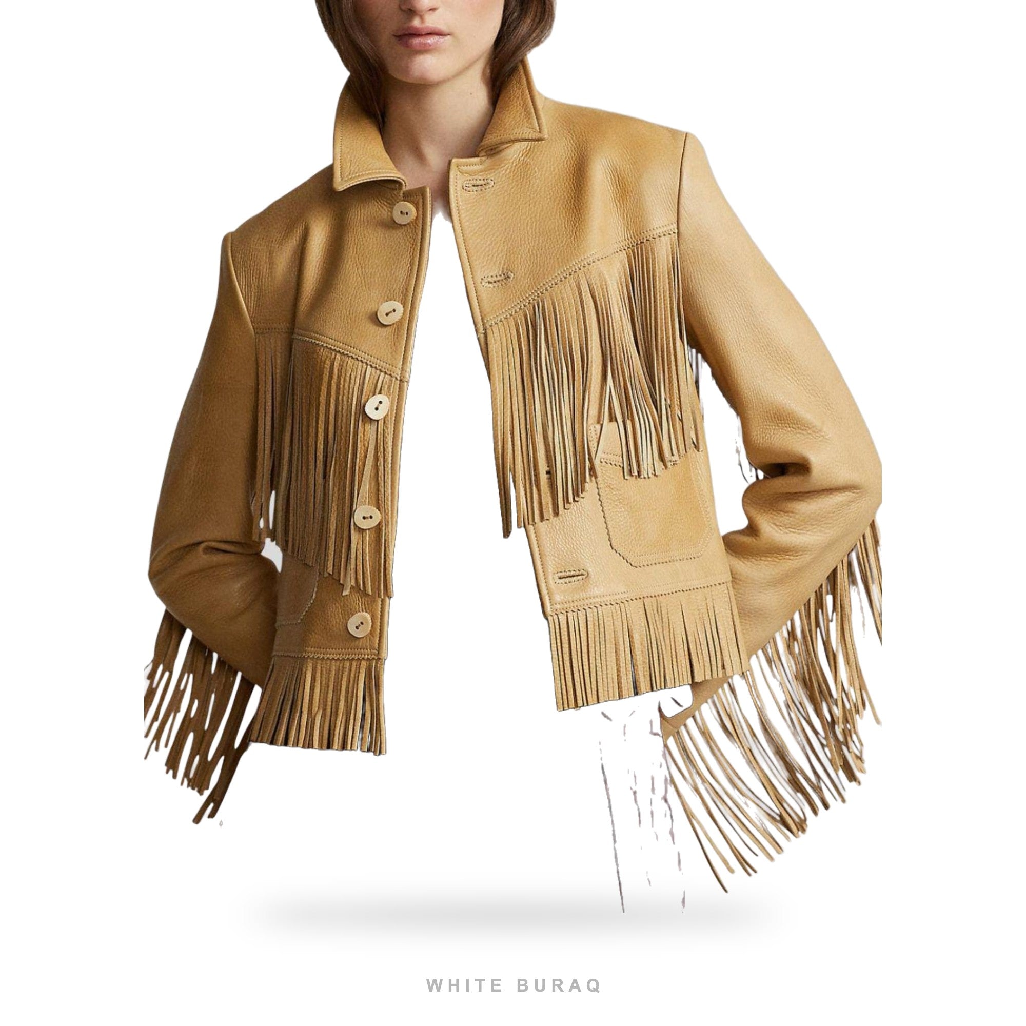 Women's Beige Leather Fringe Western Jacket – view 2