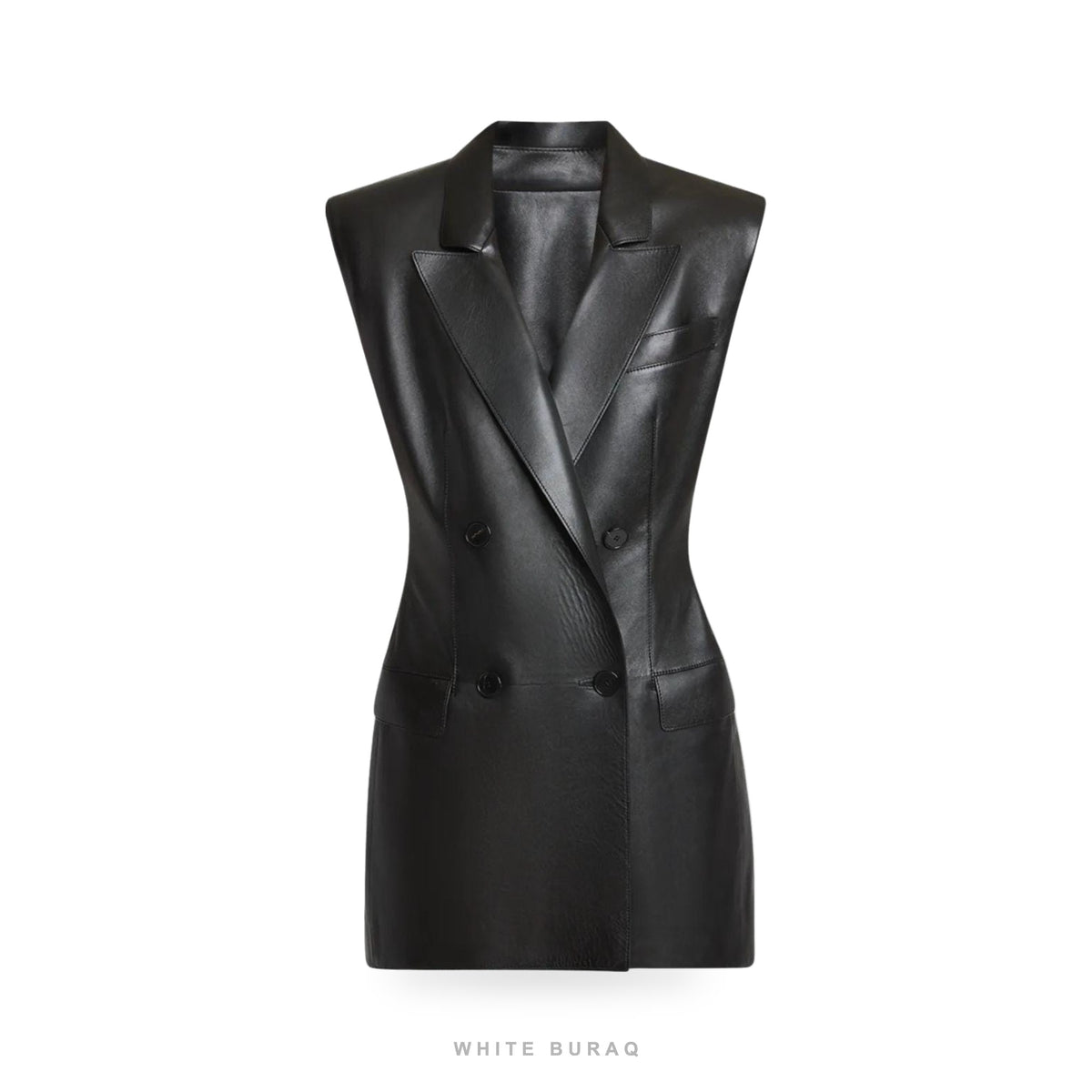 Women's Black Leather Double-Breasted Blazer Vest