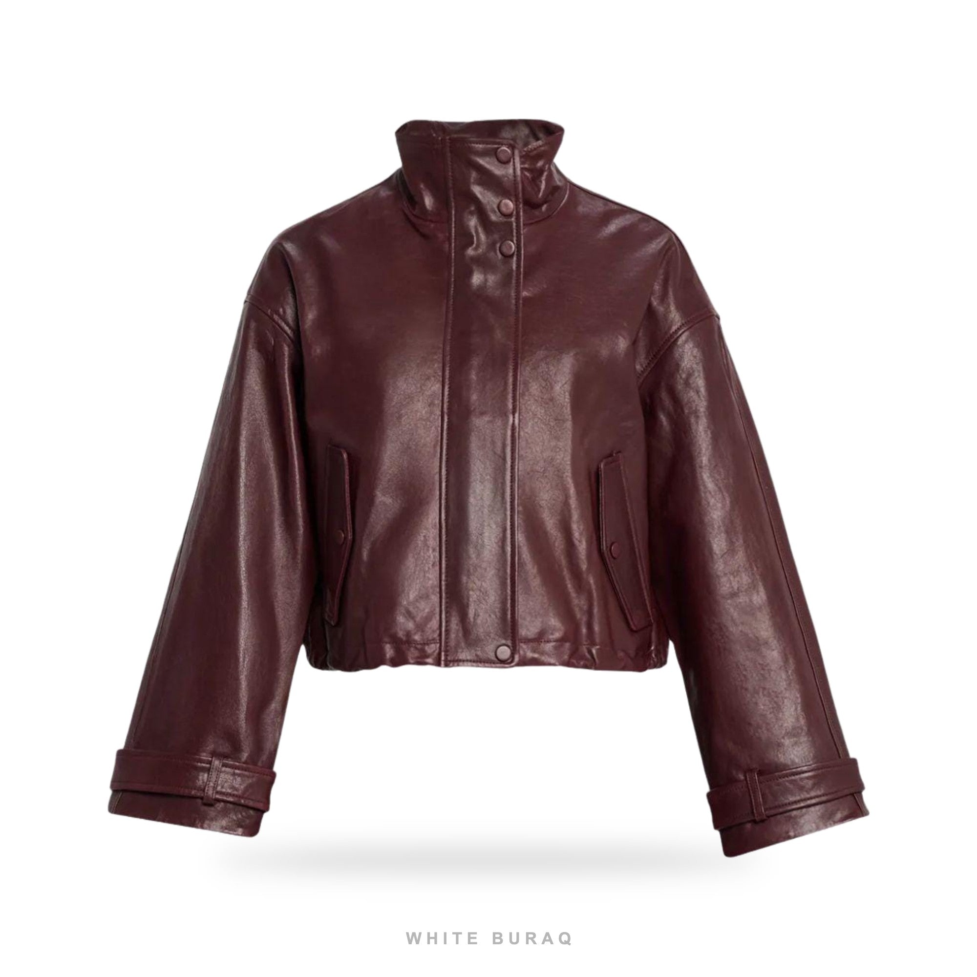 Women's Burgundy Leather High-Neck Cropped Jacket