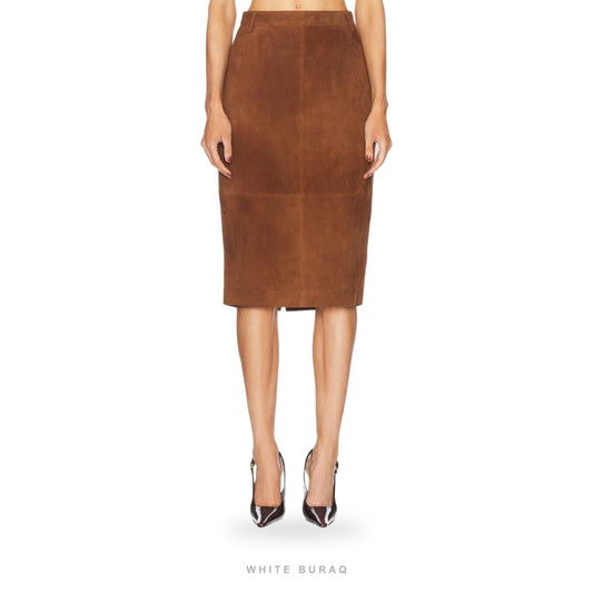 Women's Brown Goatskin Suede Midi Pencil Skirt