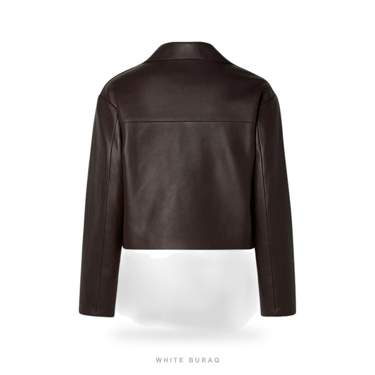Women's Dark Chocolate Leather Cropped Button Jacket – view 2