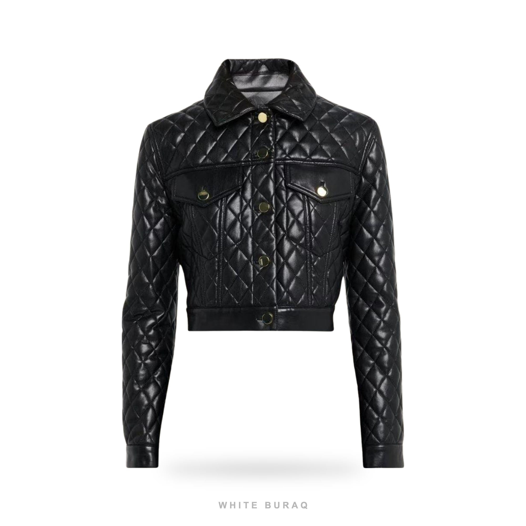 Women's Black Leather Diamond-Quilted Cropped Jacket