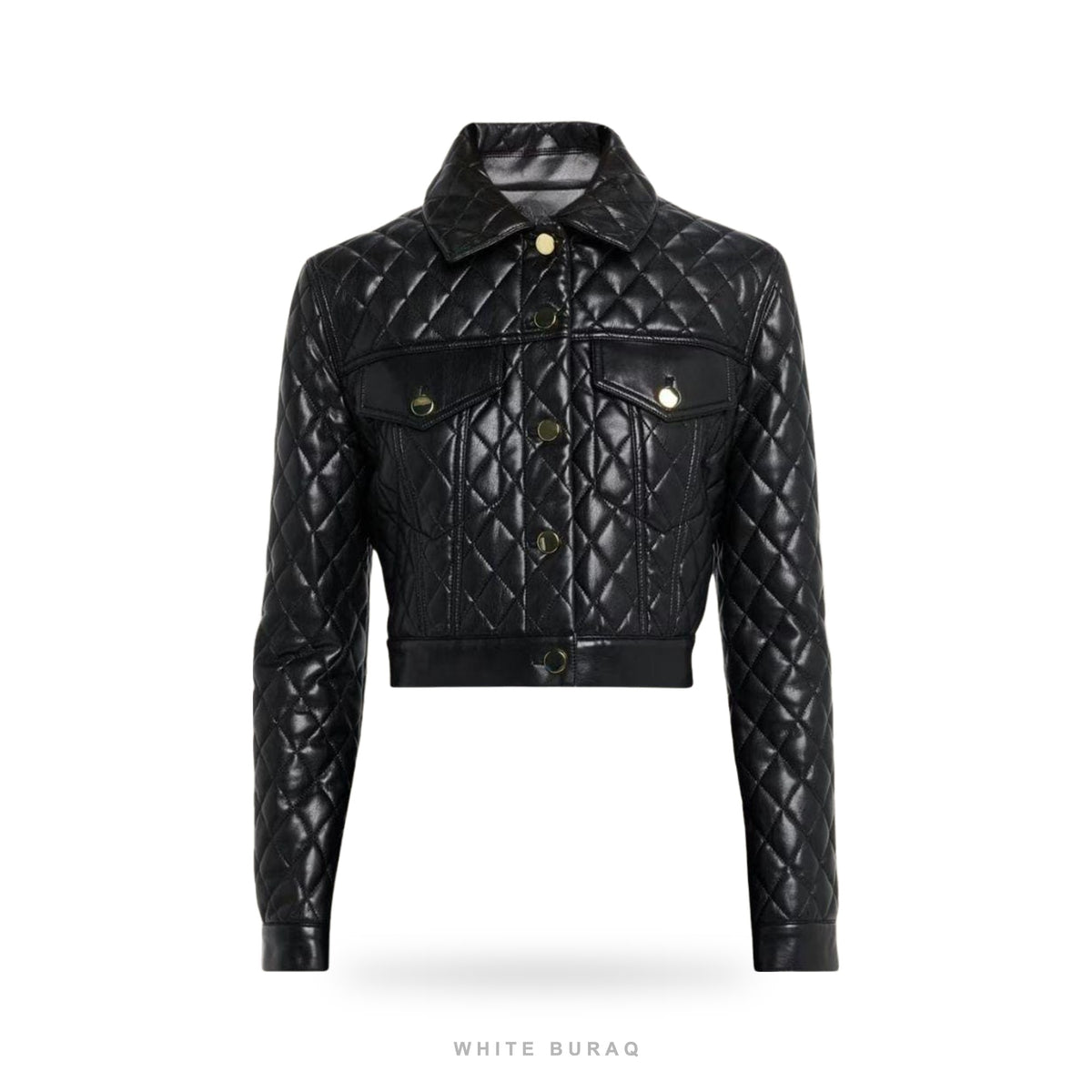 Women's Black Leather Diamond-Quilted Cropped Jacket