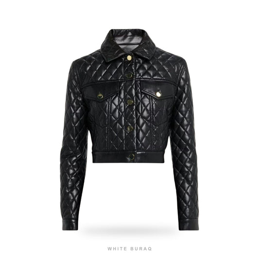 Women's Black Leather Diamond-Quilted Cropped Jacket
