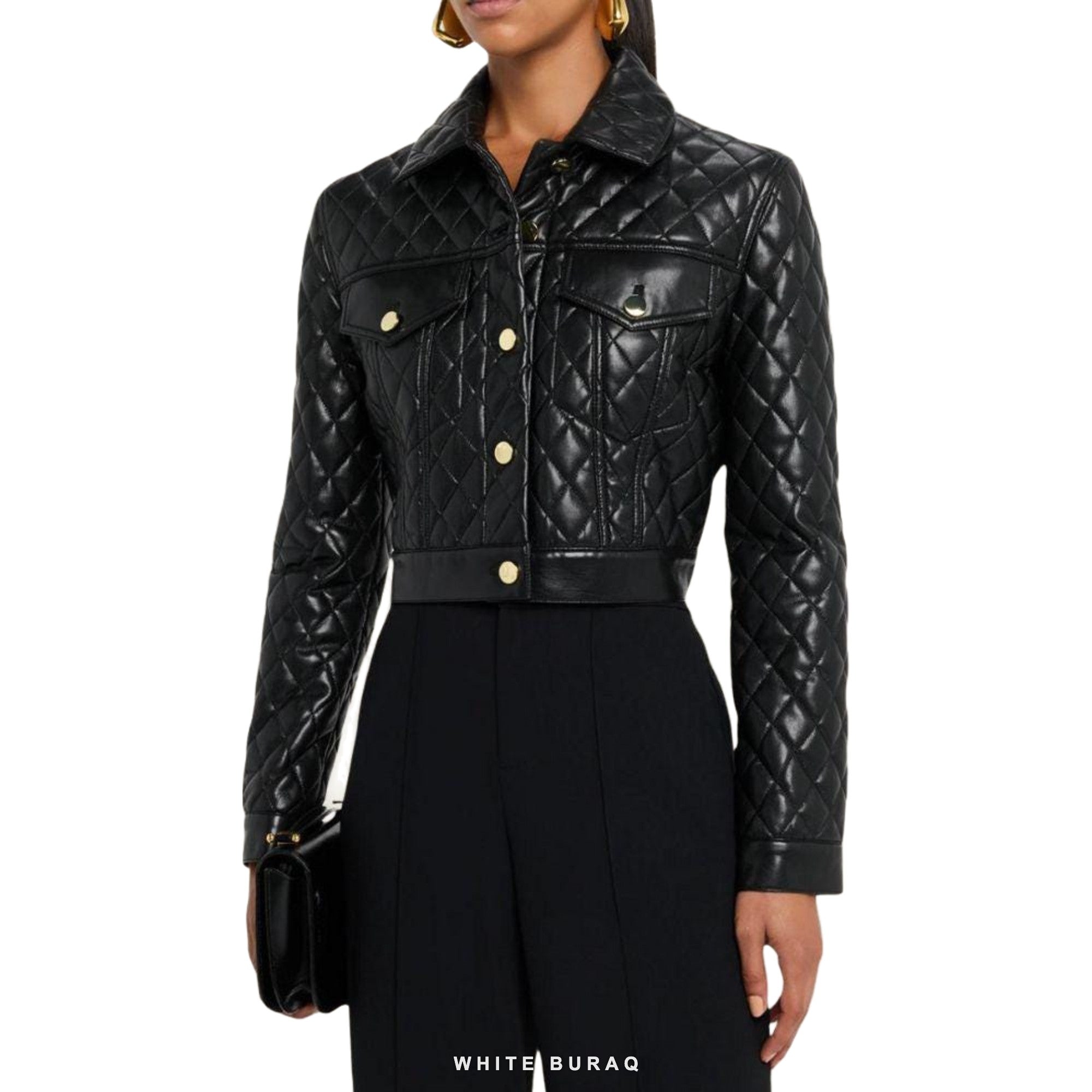 Women's Black Leather Diamond-Quilted Cropped Jacket – view 2