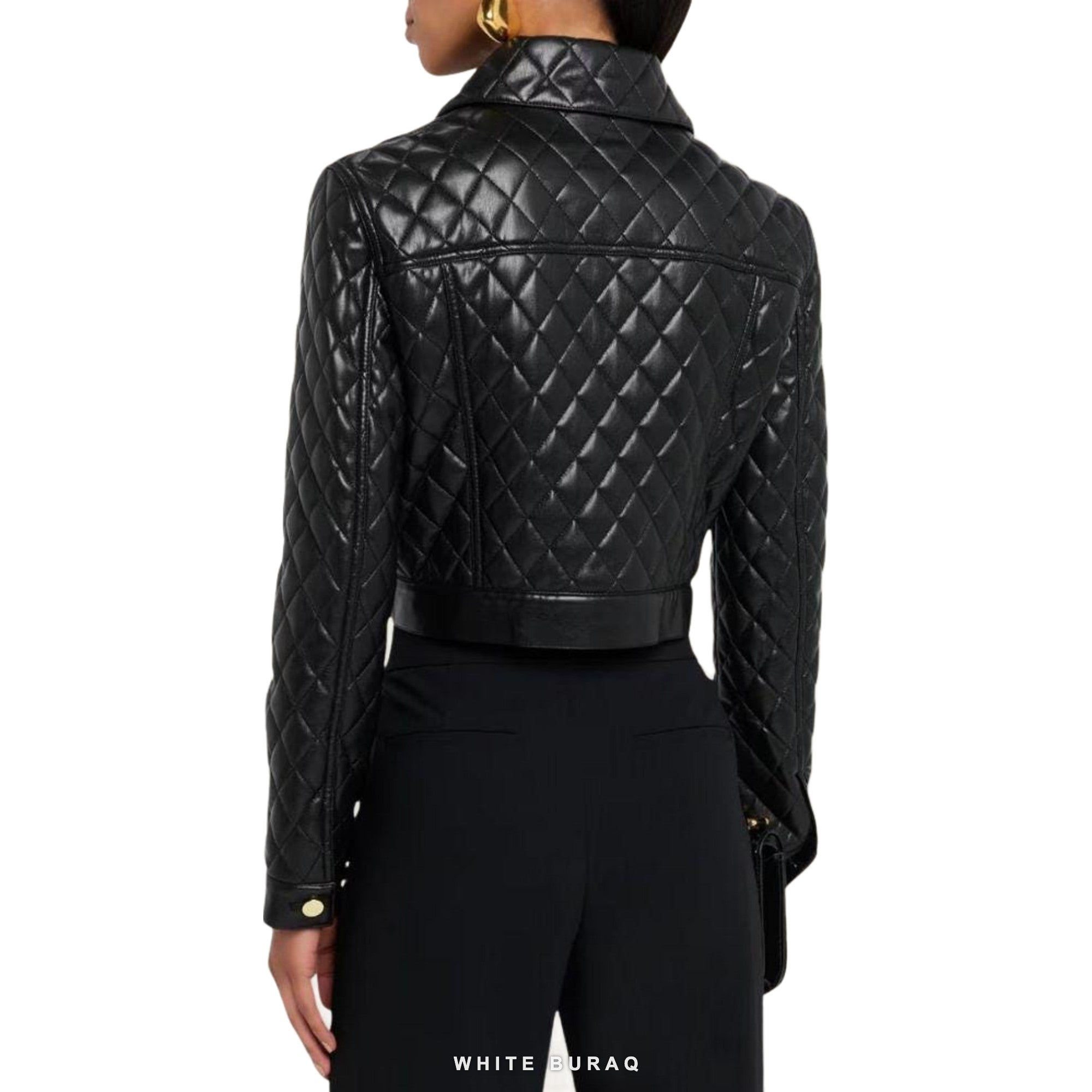 Women's Black Leather Diamond-Quilted Cropped Jacket – view 3