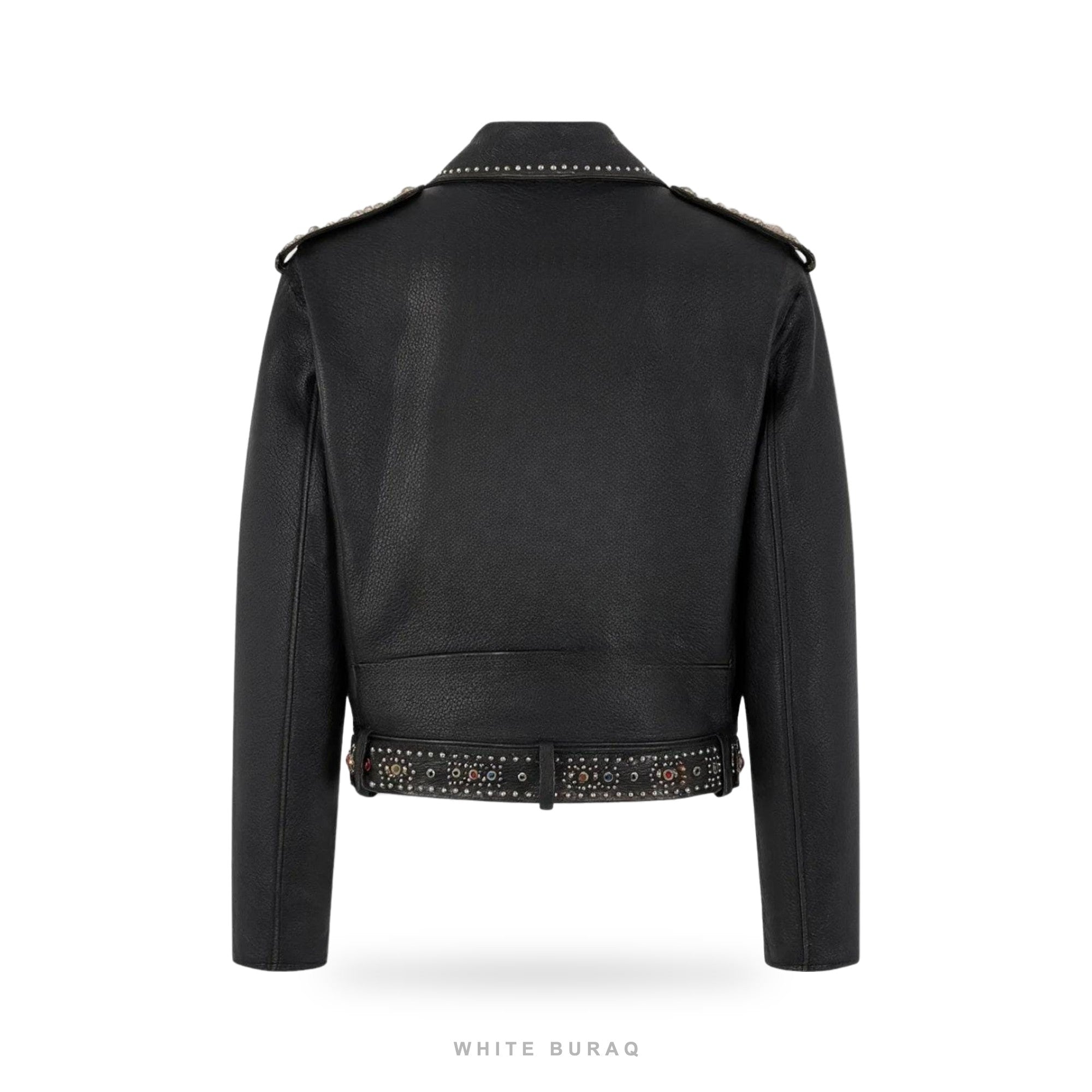 Men's Black Studded Leather Biker Jacket with Belt – view 2