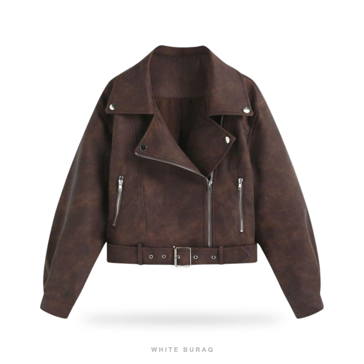 Women's Dark Brown Suede Belted Cropped Biker
