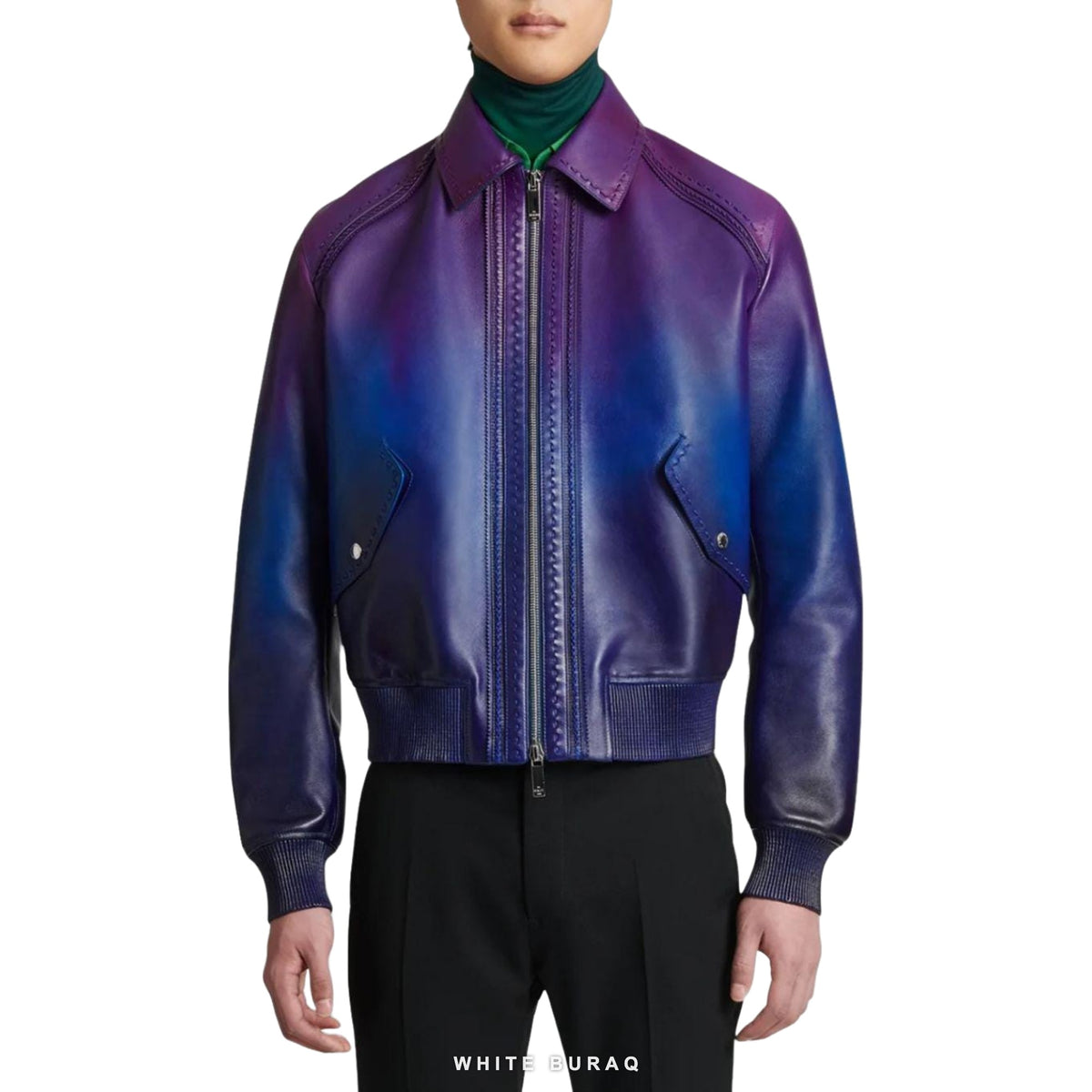 Men's Blue-Purple Gradient Leather Bomber Jacket