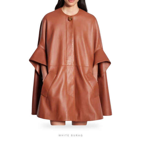 Women's Brown Leather Oversized Bomber Cape