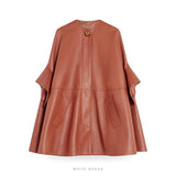 Women's Brown Leather Oversized Bomber Cape – view 2