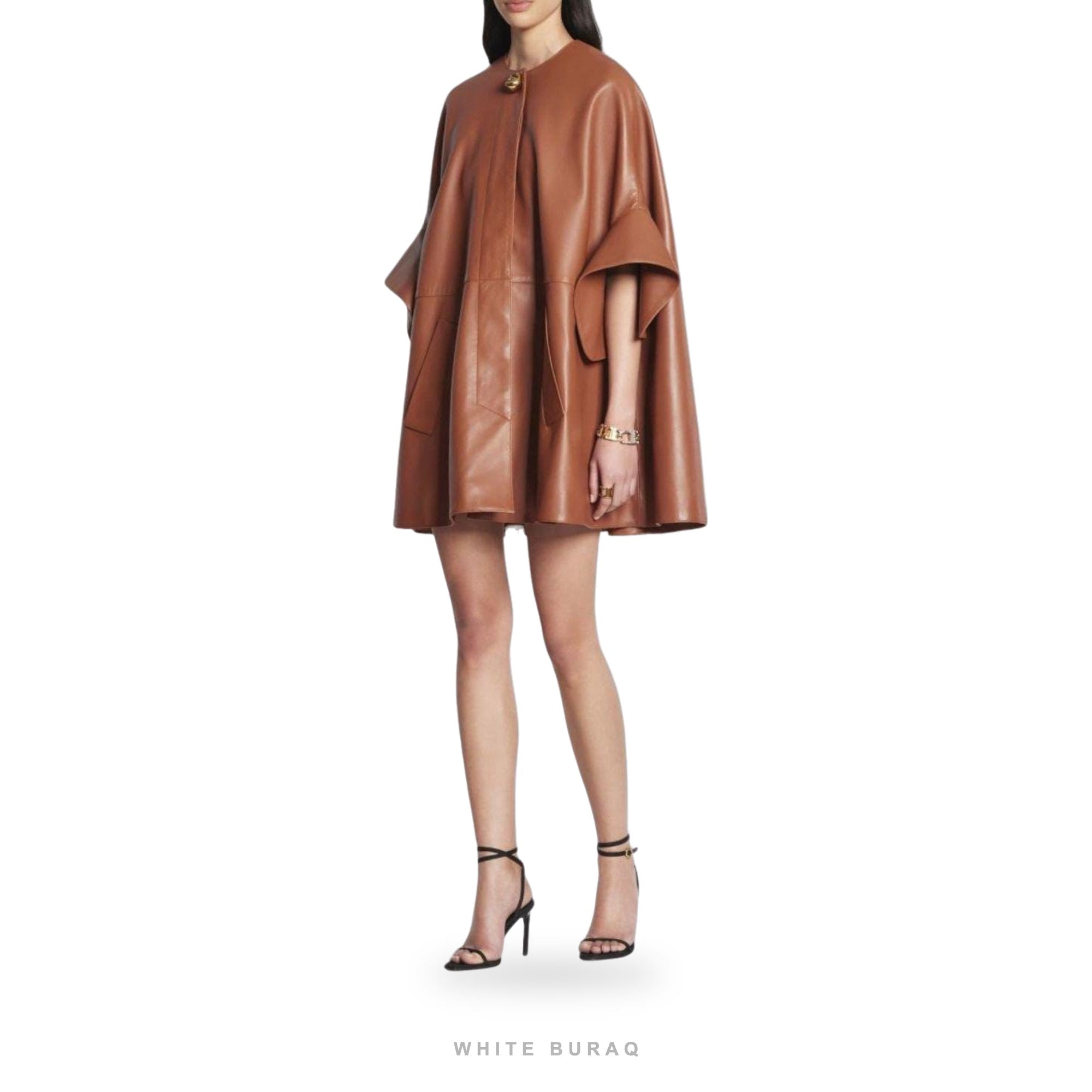 Women's Brown Leather Oversized Bomber Cape – view 4