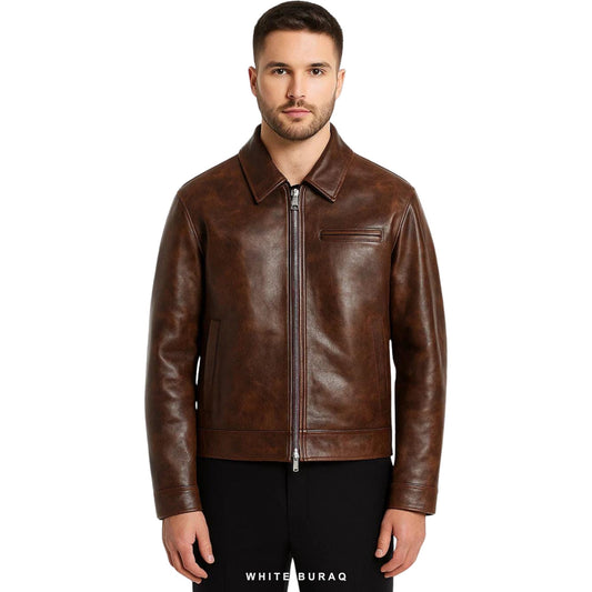 Men's Dark Brown Waxed Leather Moto Jacket