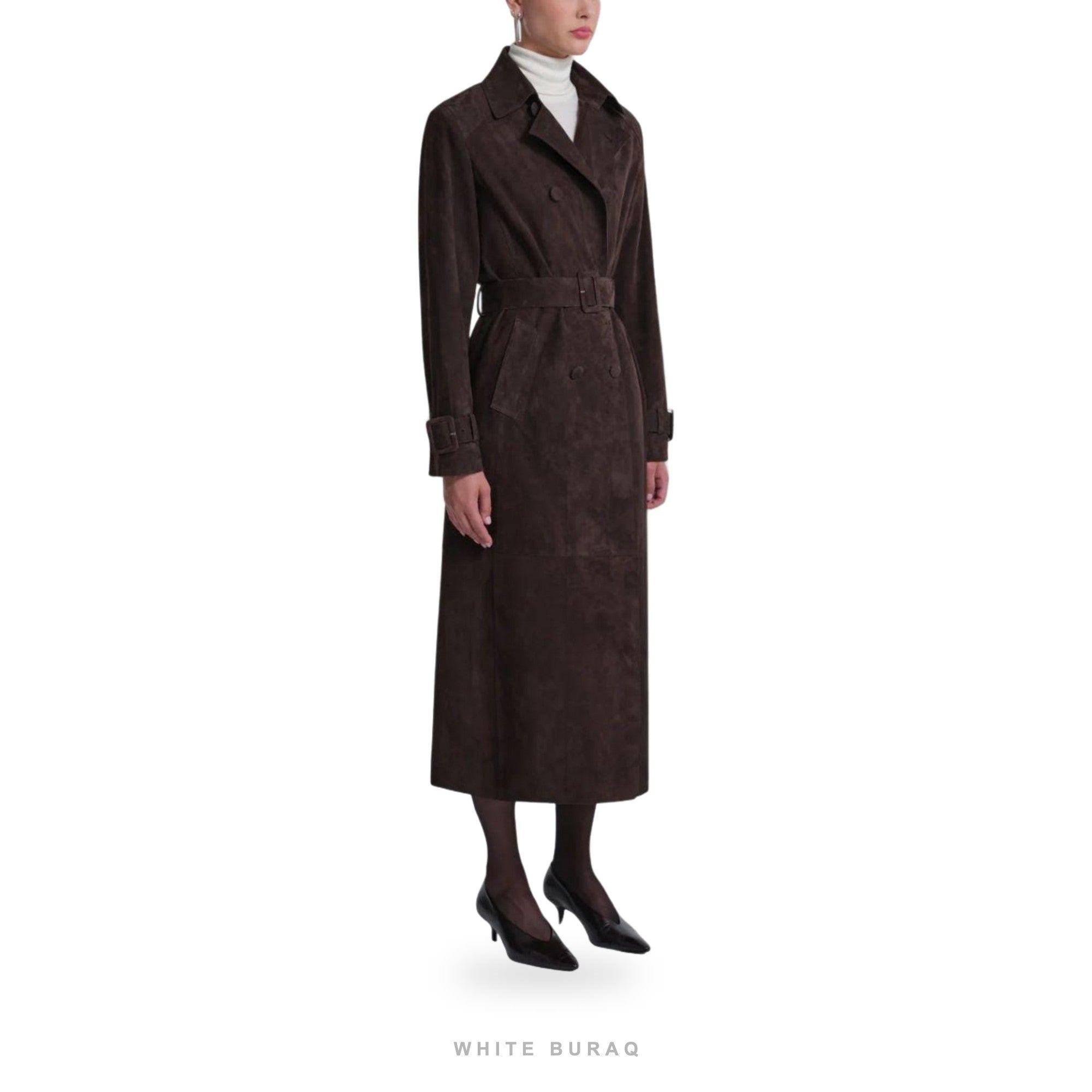 Women's Dark Brown Suede Belted Cuff-Detail Trench – view 2