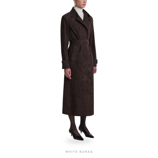 Women's Dark Brown Suede Belted Cuff-Detail Trench – view 2