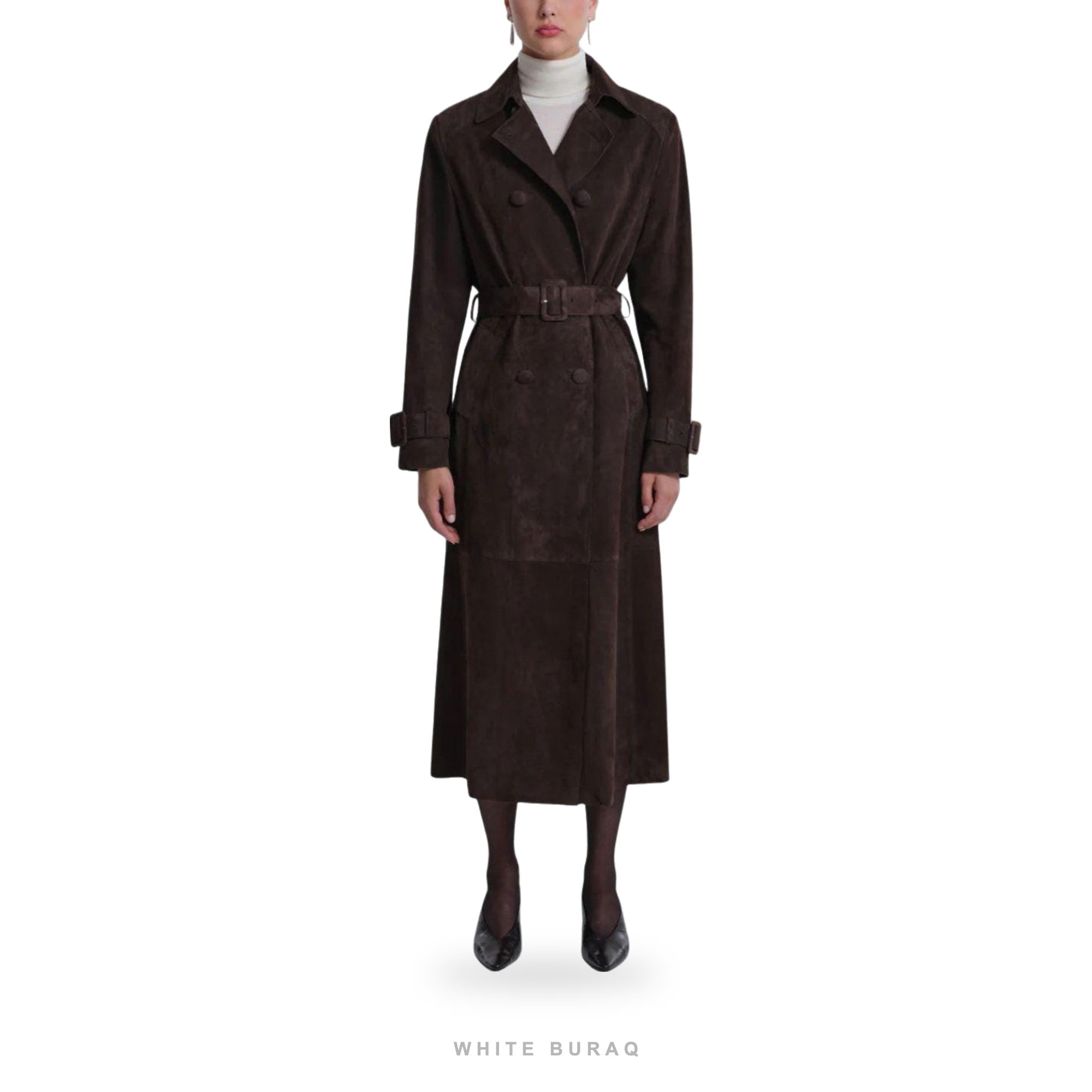 Women's Dark Brown Suede Belted Cuff-Detail Trench – view 3