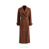 Women's Brown Suede Long Belted Double-Breasted Trench