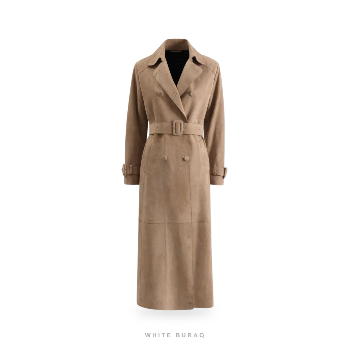 Women's Beige Suede Belted Double-Breasted Trench