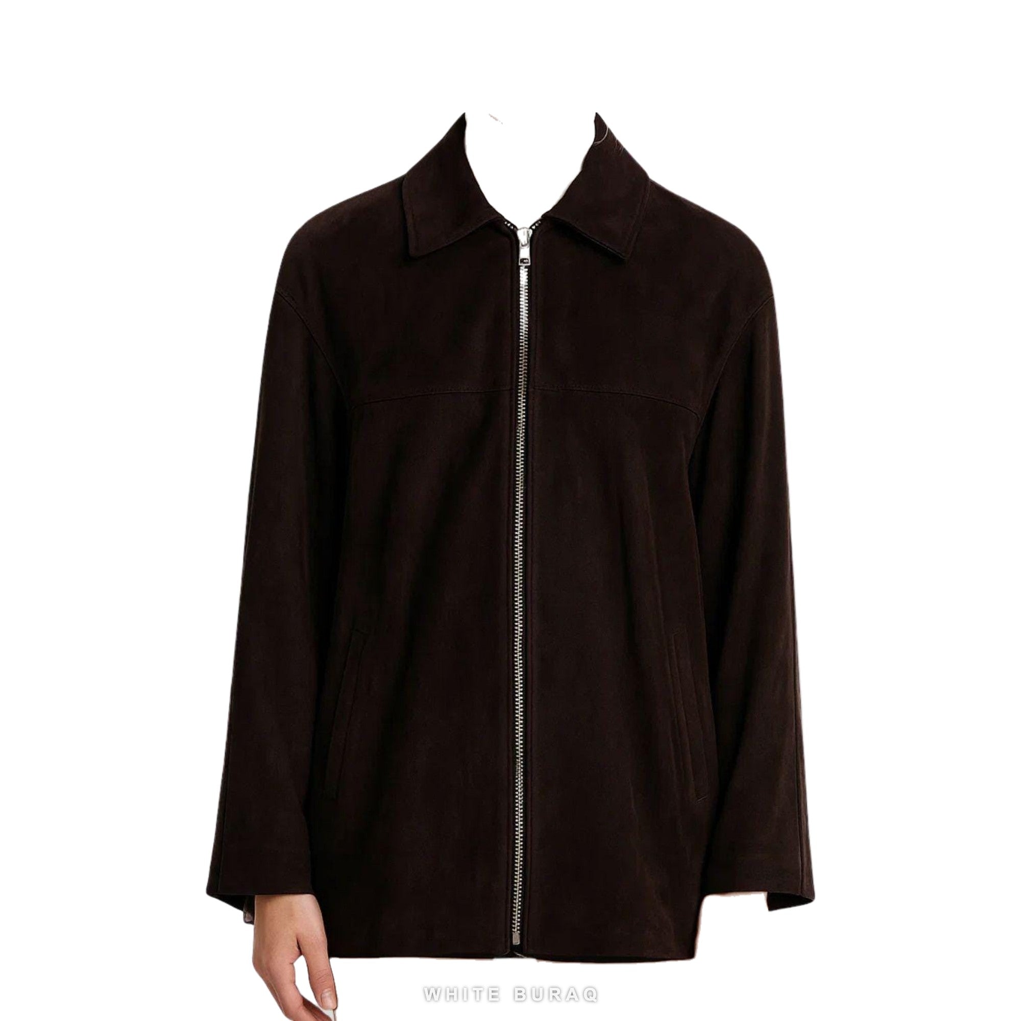 Women's Dark Brown Suede Minimal Zip-Up Jacket