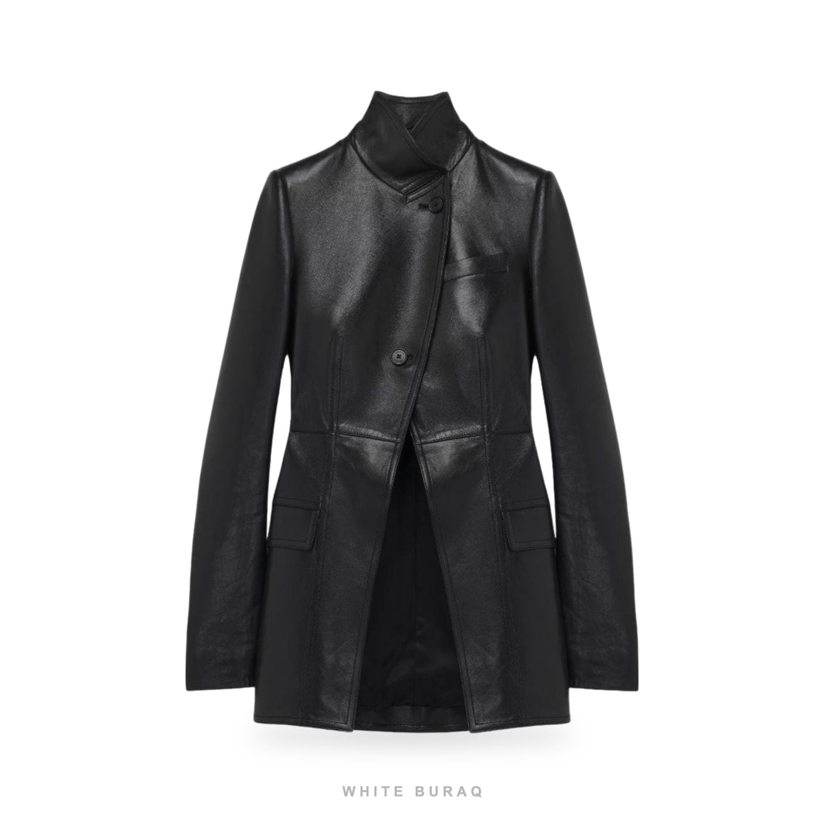 Women's Black Leather Asymmetric High-Neck Jacket