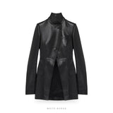 Women's Black Leather Asymmetric High-Neck Jacket