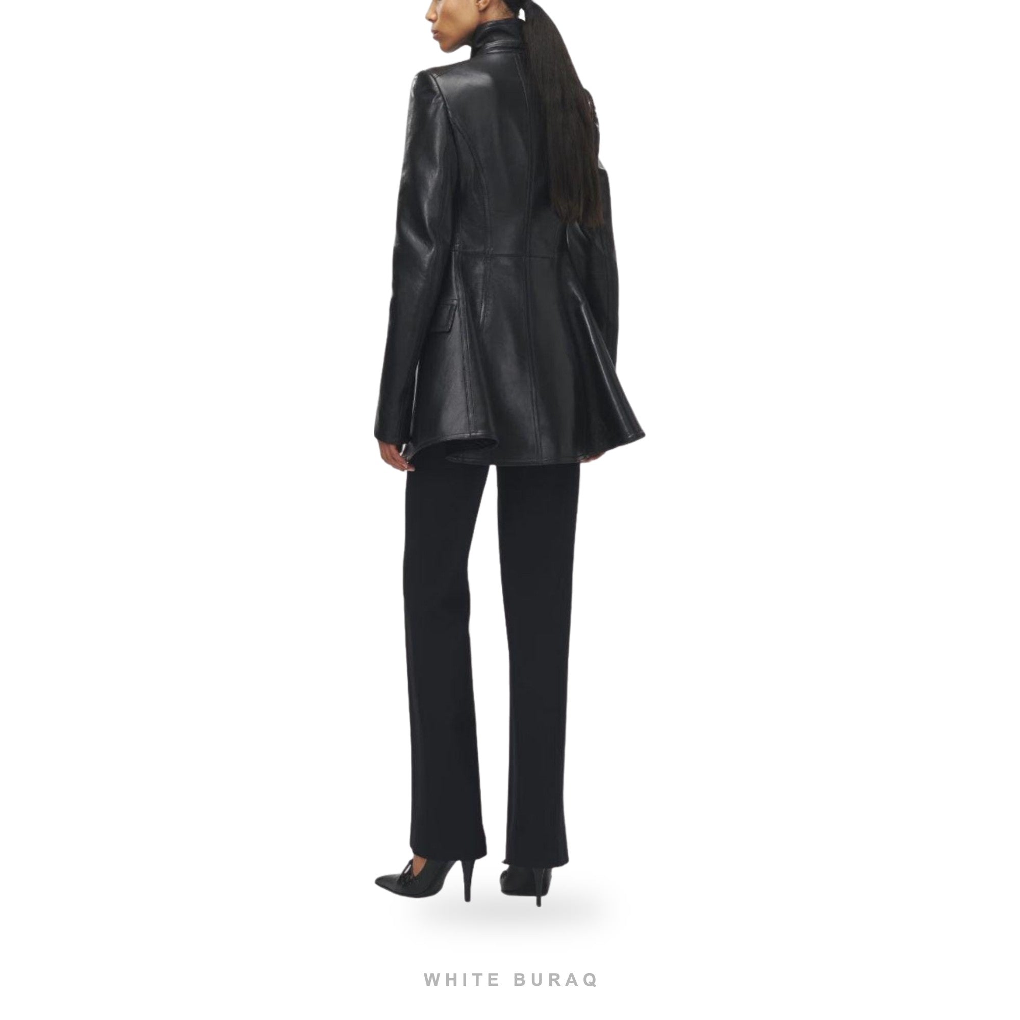 Women's Black Leather Asymmetric High-Neck Jacket – view 2