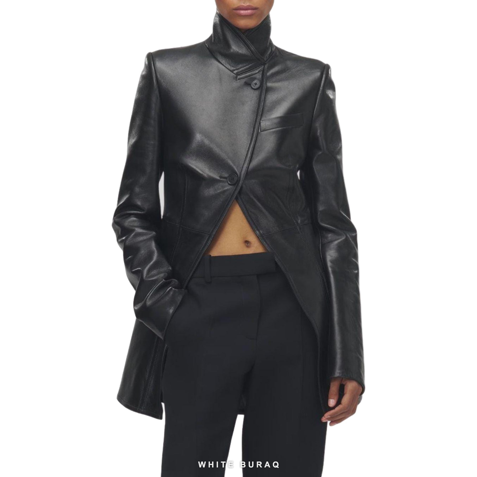 Women's Black Leather Asymmetric High-Neck Jacket – view 3