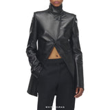 Women's Black Leather Asymmetric High-Neck Jacket – view 3