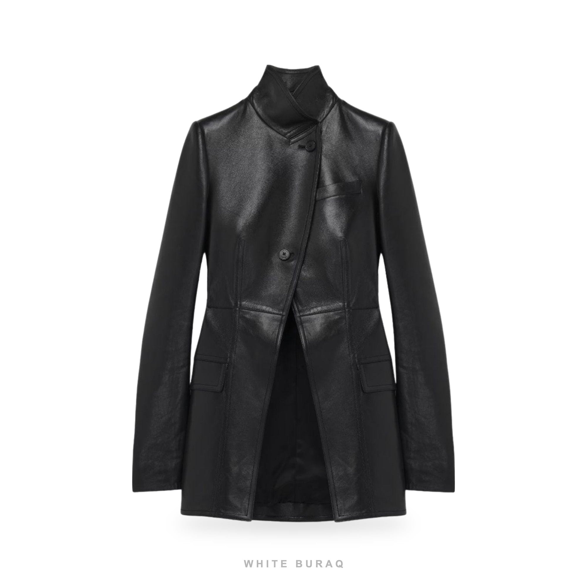 Women's Black Leather Asymmetric High-Neck Jacket – view 4