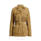 Women's Beige Suede Belted Fringe Jacket
