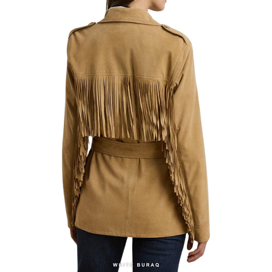 Women's Beige Suede Belted Fringe Jacket – view 2