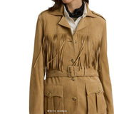 Women's Beige Suede Belted Fringe Jacket – view 3