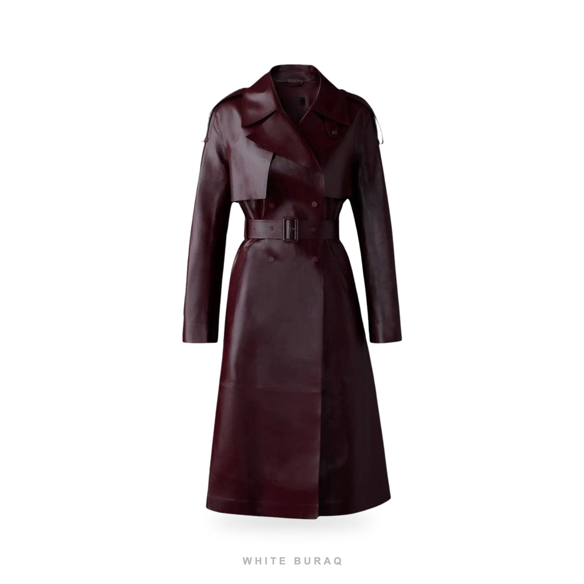 Women's Burgundy Leather Long Belted Trench Coat