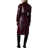 Women's Burgundy Leather Long Belted Trench Coat – view 2