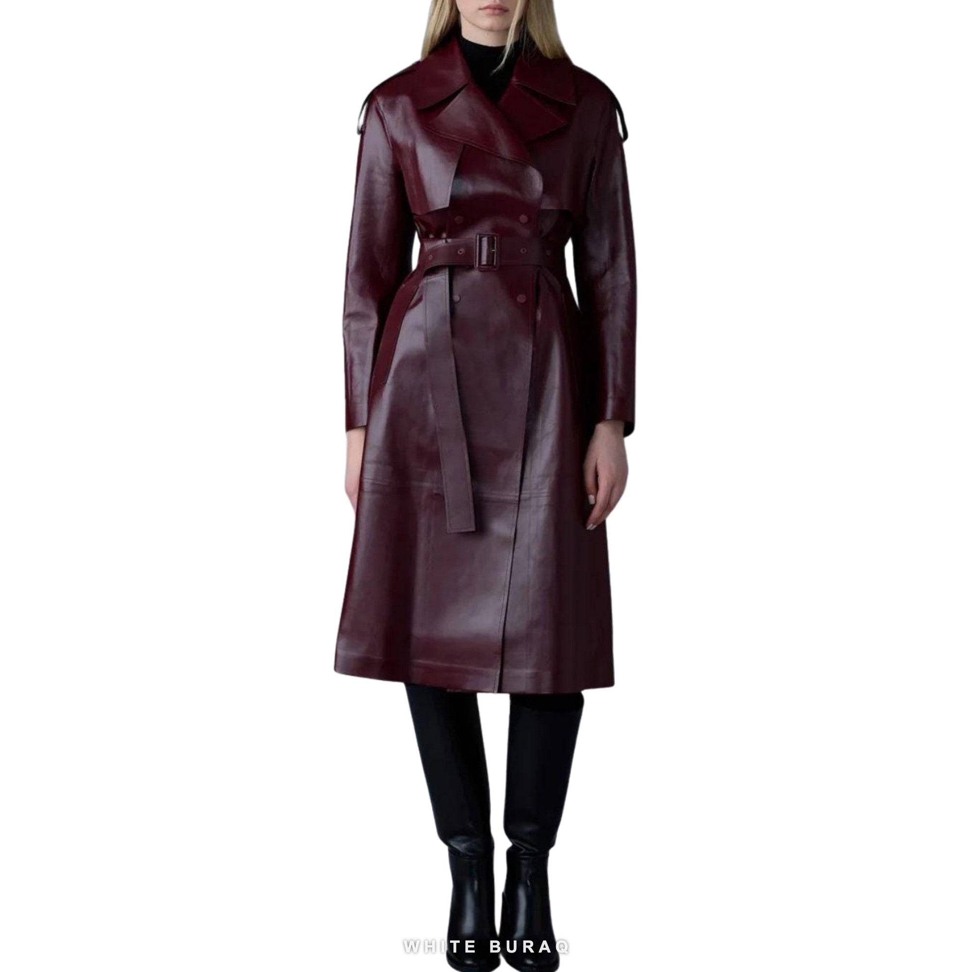 Women's Burgundy Leather Long Belted Trench Coat – view 3