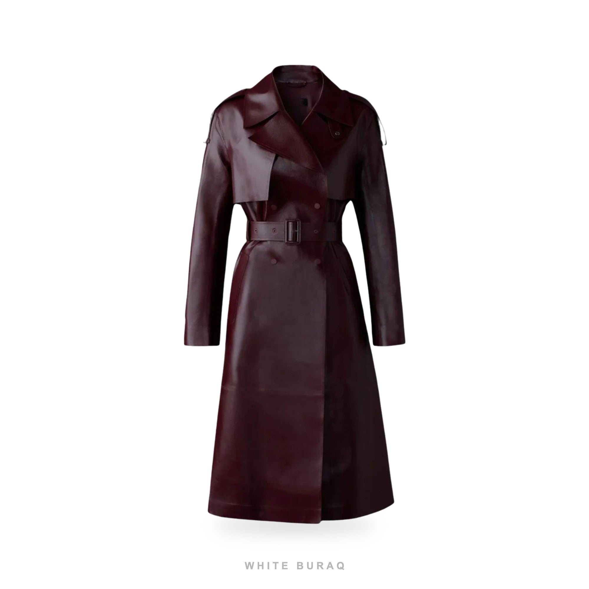 Women's Burgundy Leather Long Belted Trench Coat – view 4