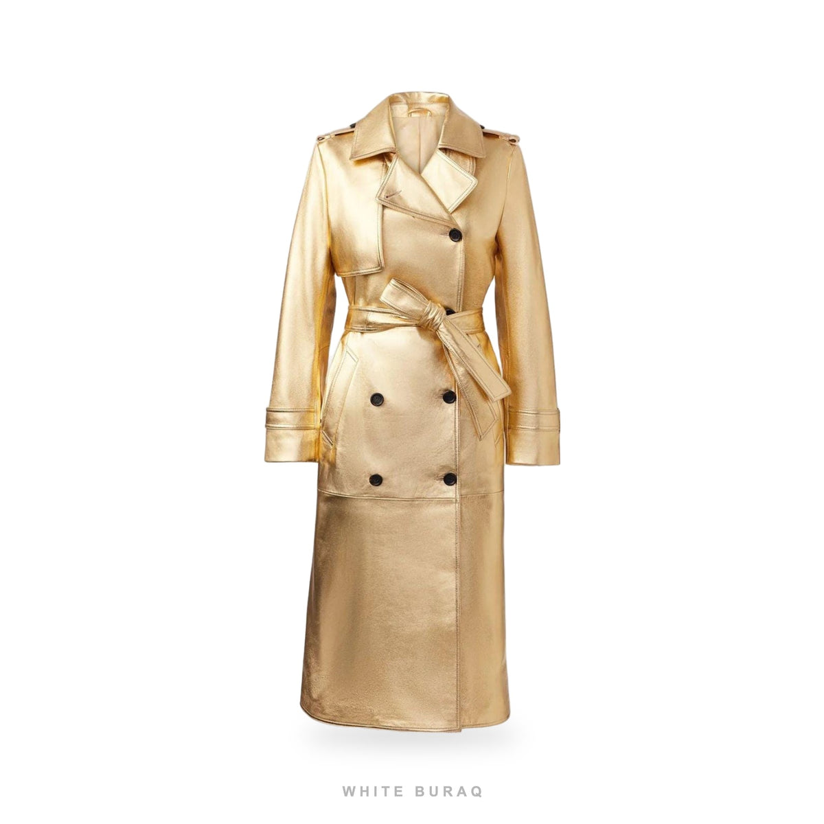 Women's Gold Metallic Leather Long Belted Trench Coat
