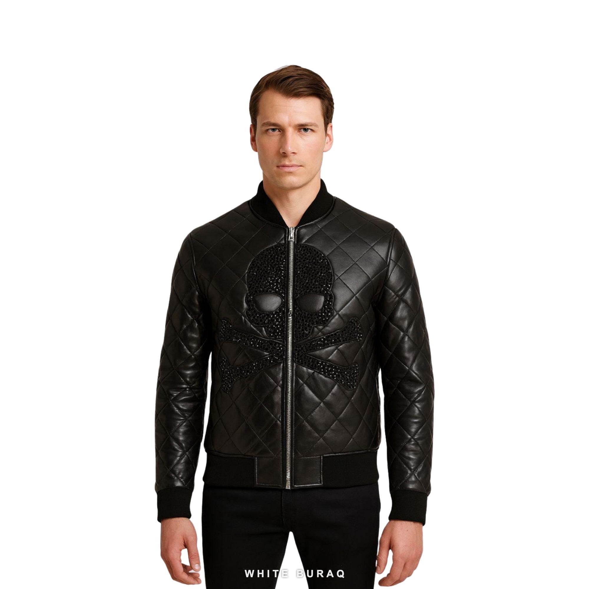 Men's Black Quilted Leather Bomber with Stone-Studded Skull – view 3