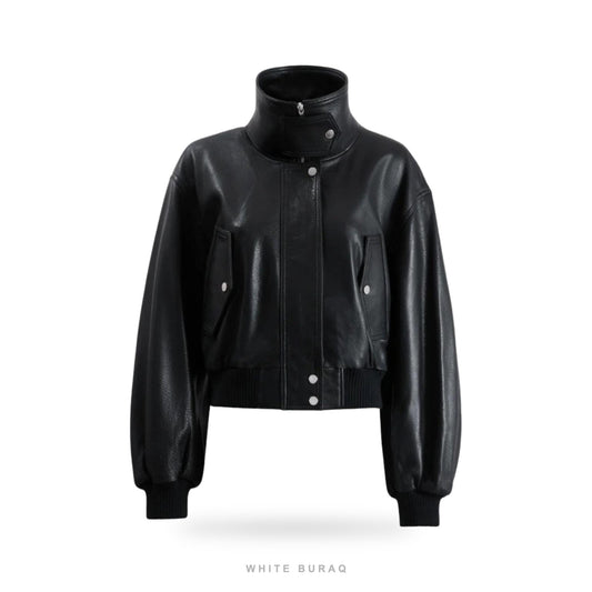 Women's Black Leather High-Neck Cropped Bomber