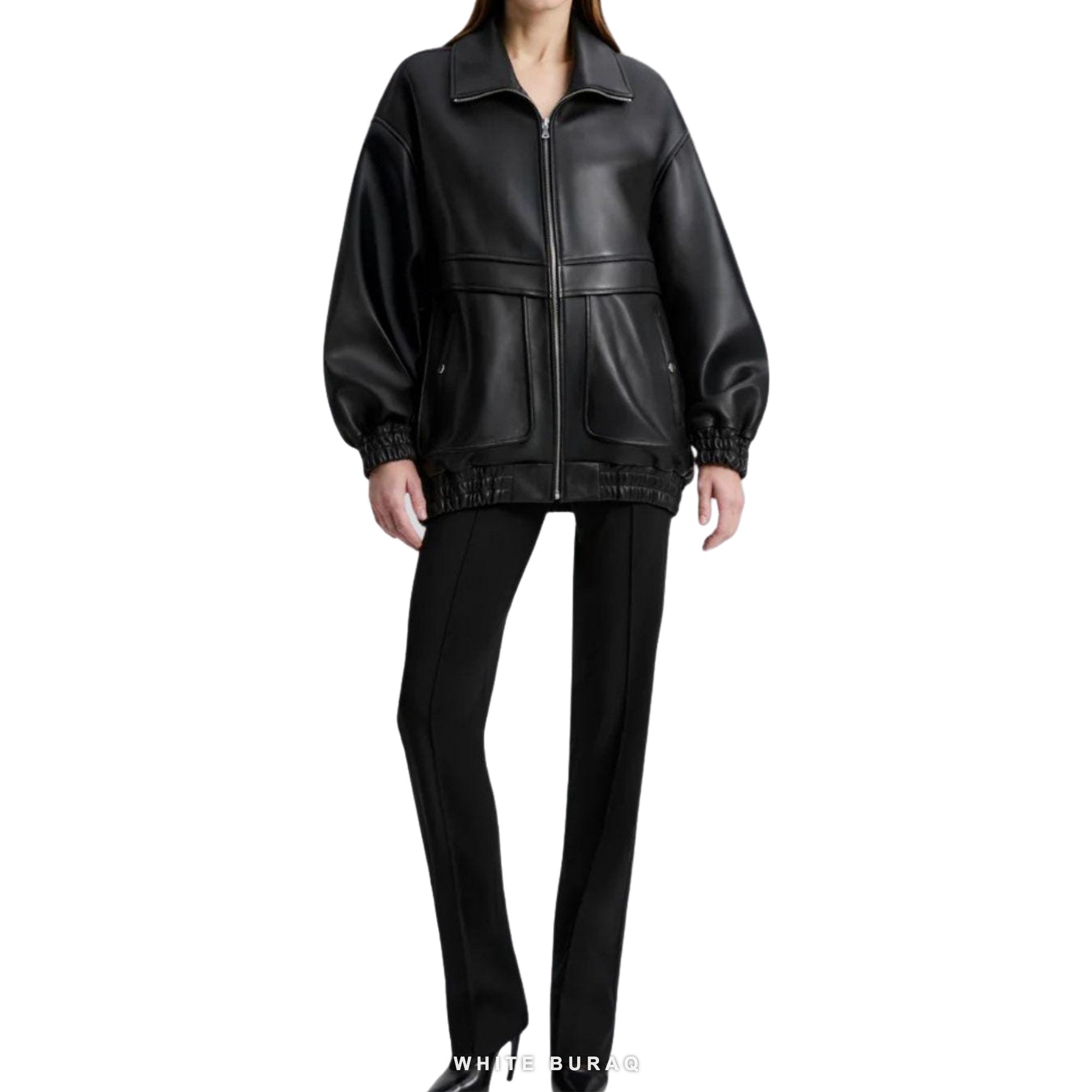 Women's Black Leather Oversized Elastic-Hem Bomber – view 3
