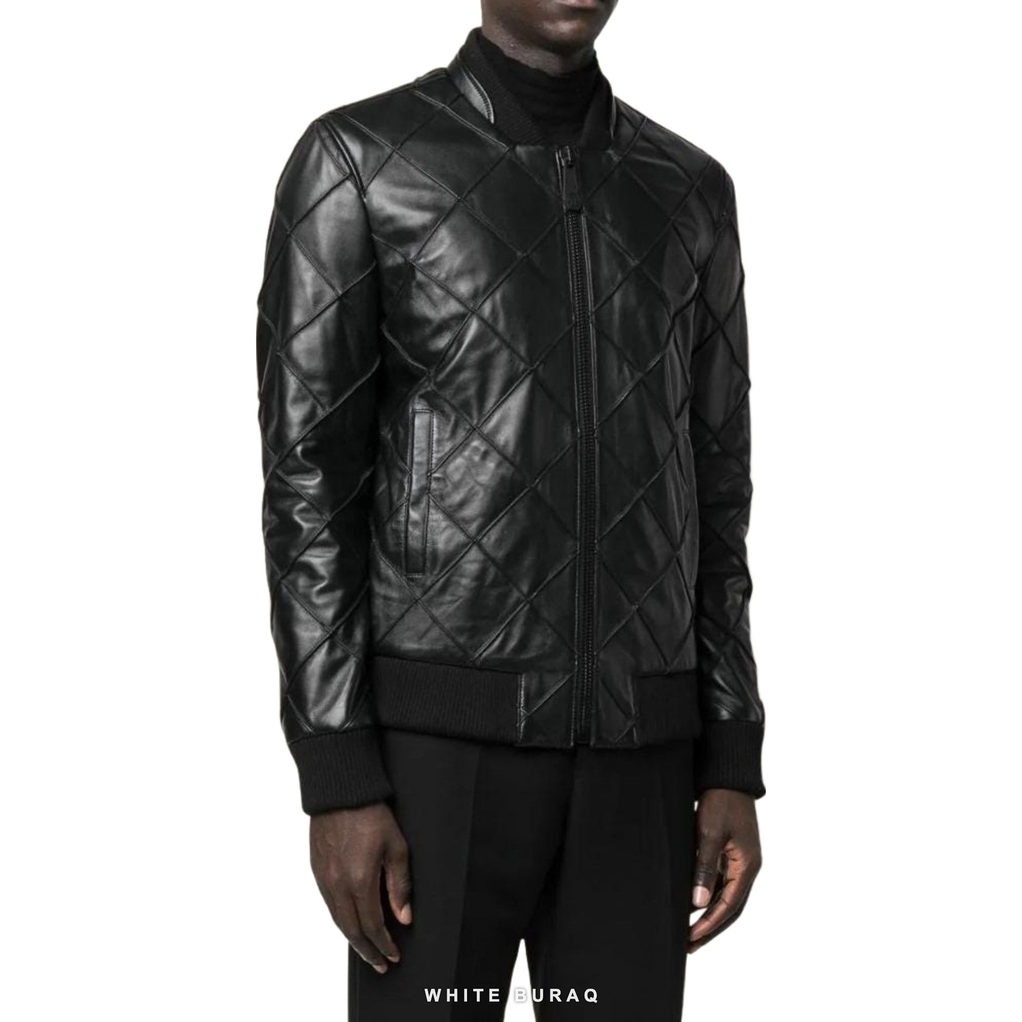 Men's Black Diamond-Quilted Leather Bomber – view 4