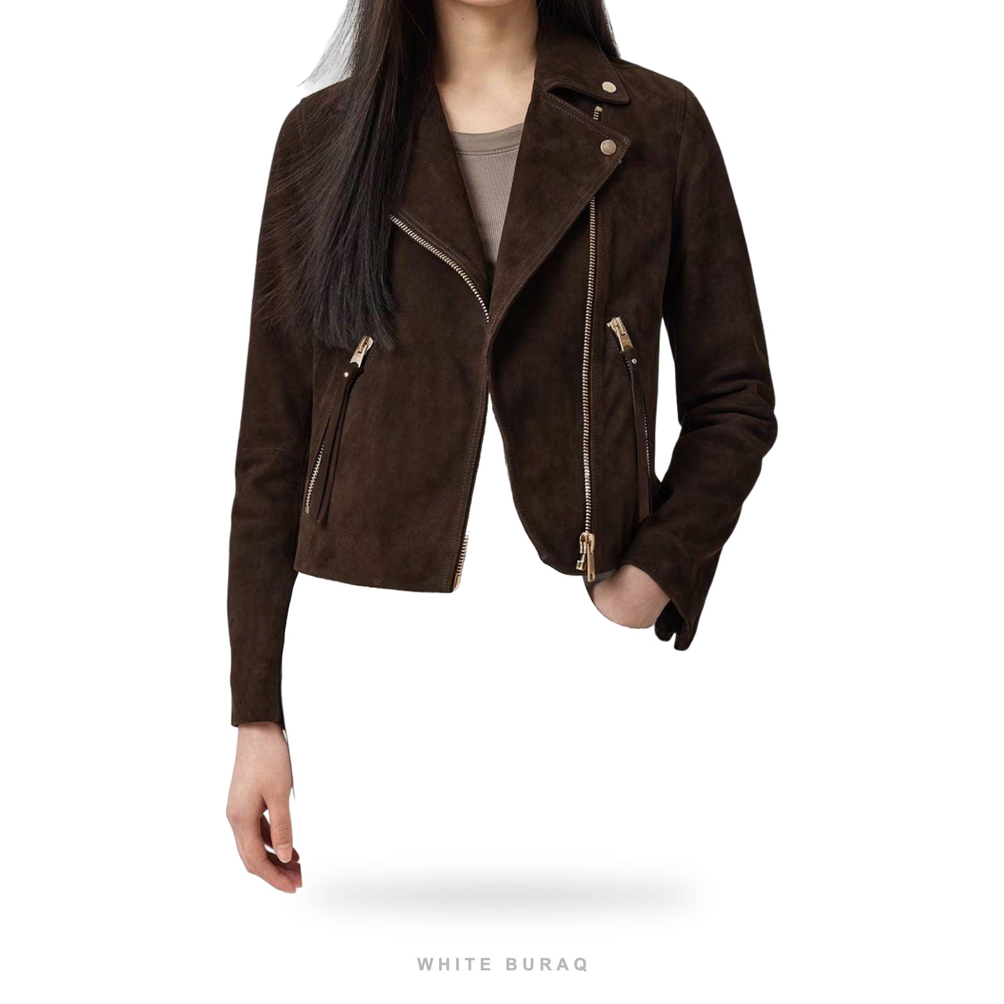 Women's Dark Brown Suede Cropped Biker Jacket – view 3