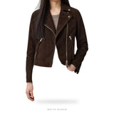 Women's Dark Brown Suede Cropped Biker Jacket – view 3