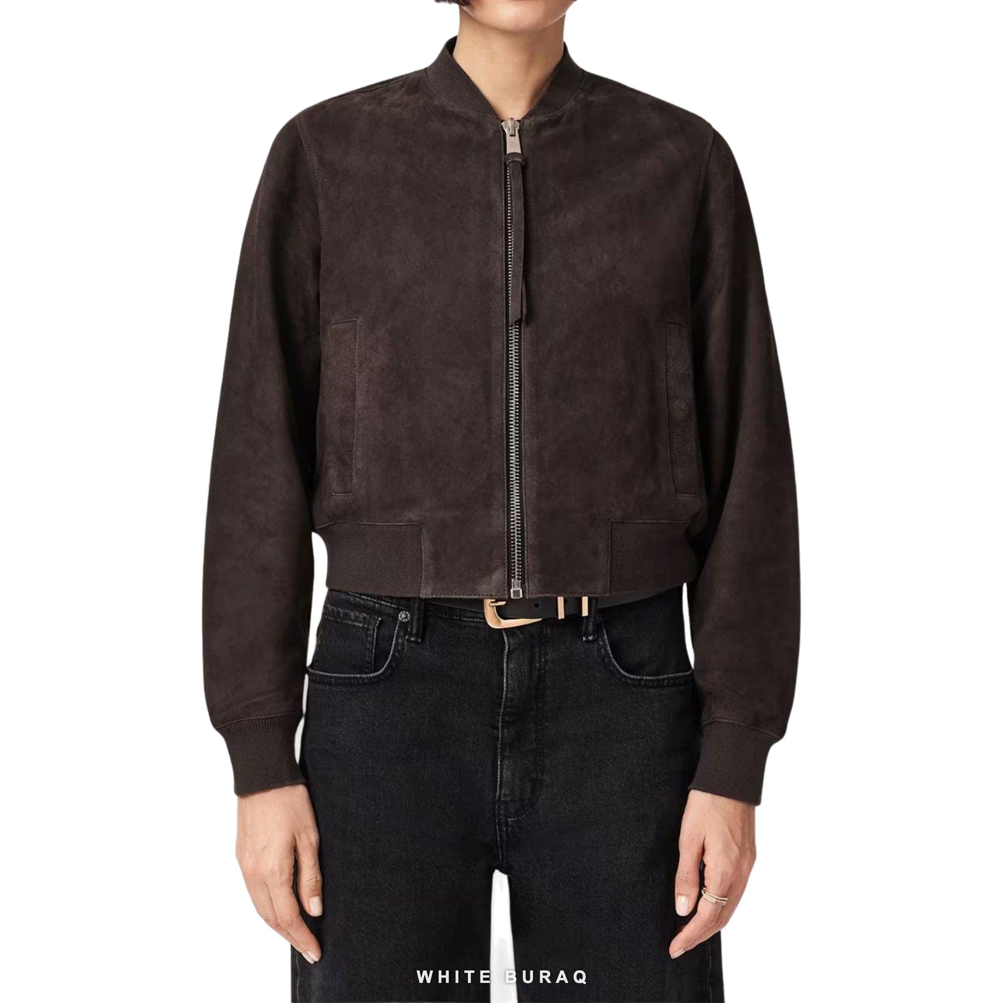 Women's Dark Brown Suede Cropped Bomber Jacket