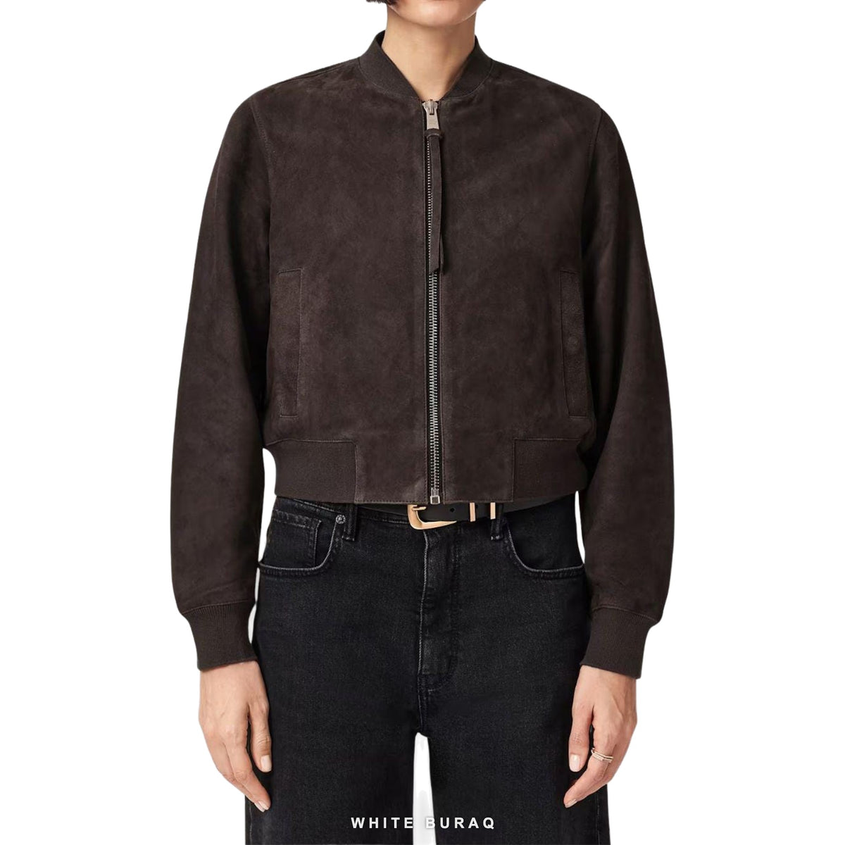Women's Dark Brown Suede Cropped Bomber Jacket