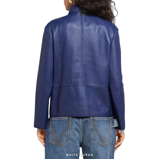 Women's Sky Blue Leather Button-Up Jacket – view 2