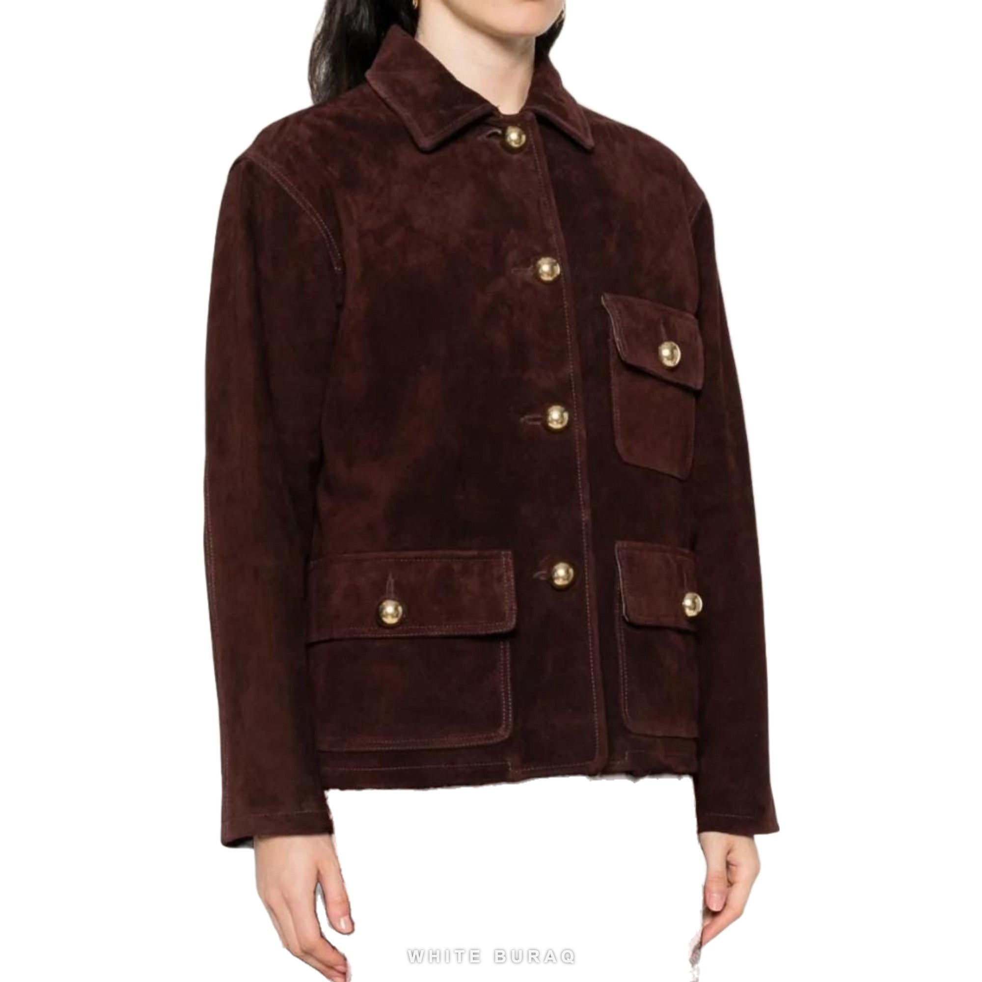 Women's Coffee Brown Suede Gold-Button Jacket – view 2
