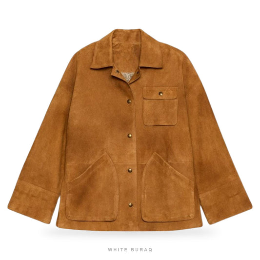 Women's Amber Brown Suede Button-Up Bomber Jacket