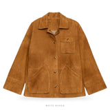 Women's Amber Brown Suede Button-Up Bomber Jacket